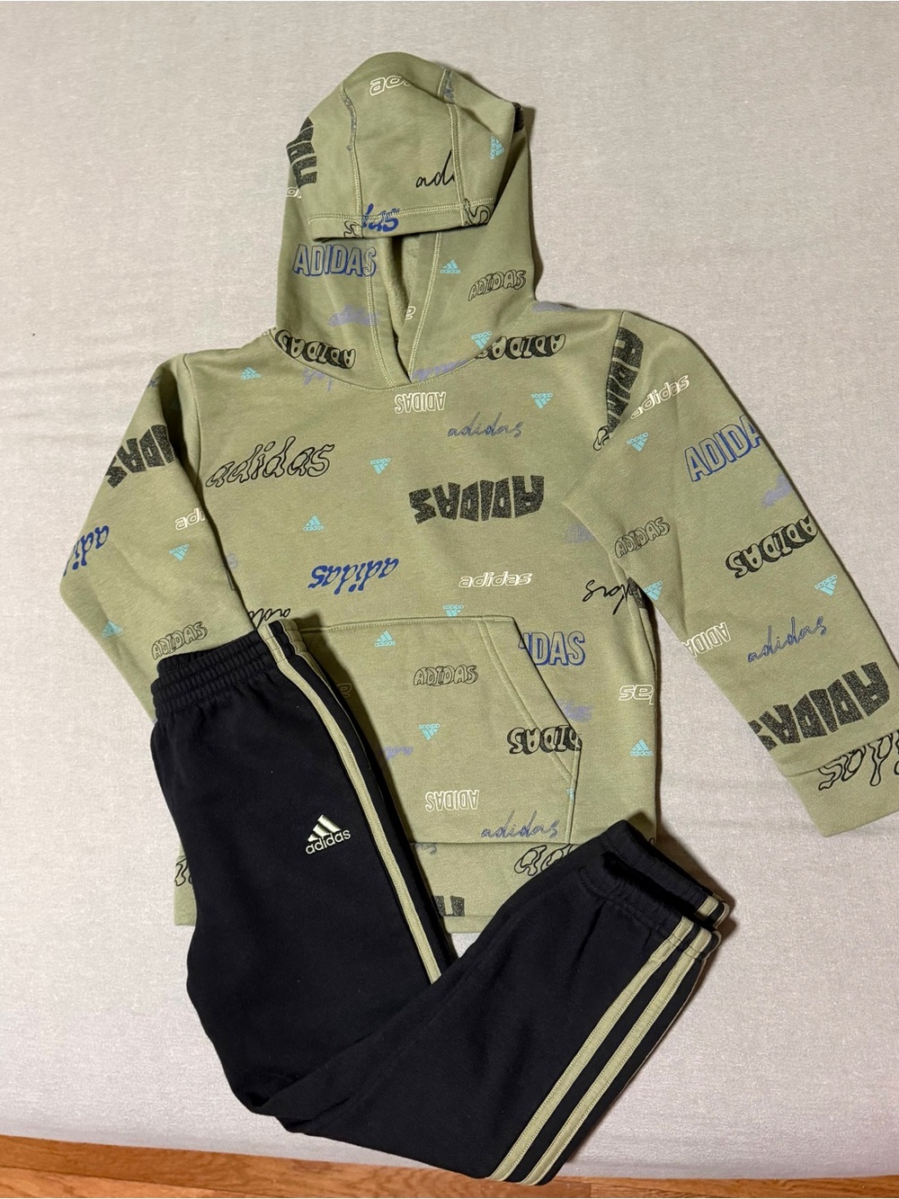 adidas Olive Logo Print Hoodie & Black Joggers Kids Set